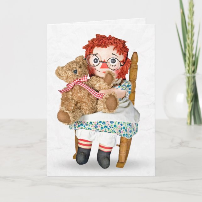 Rag doll and teddy bear in rocking chair card (Front)