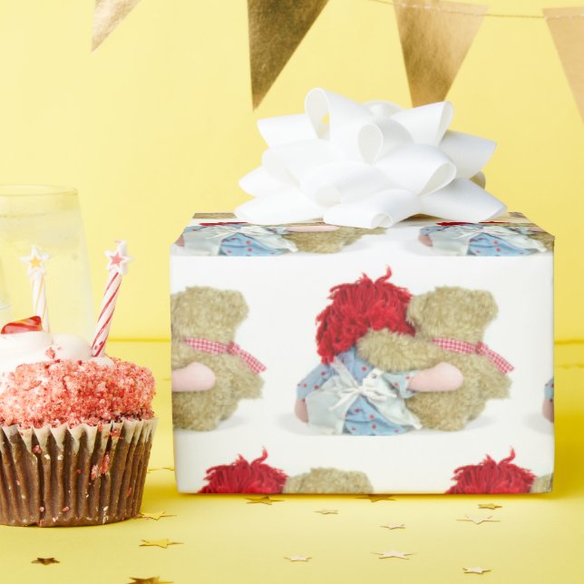 rag doll and teddy bear on white wrapping paper (Birthday Party)