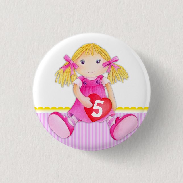 Rag doll girl age 5 birthday button badge (Front)