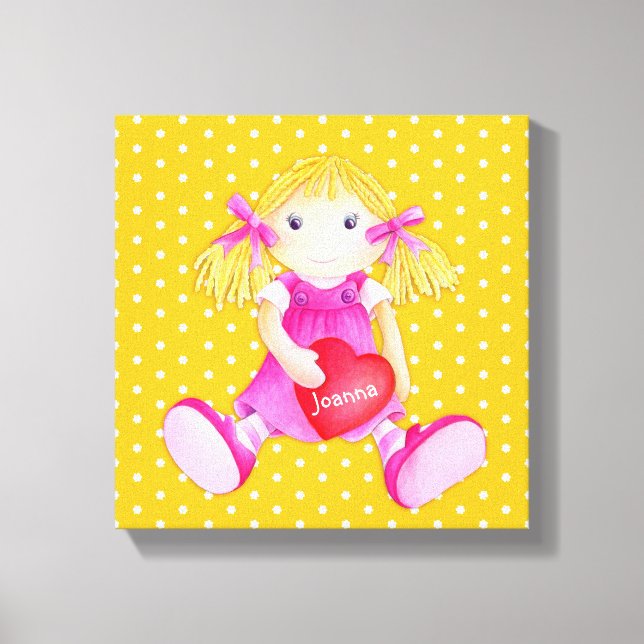 Rag doll girls personalised yellow nursery art canvas print (Front)