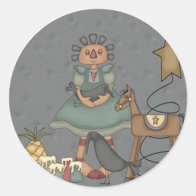 Rag Doll Primitive Horse Crow Tin Star Candles Classic Round Sticker (Front)