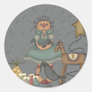 Rag Doll Primitive Horse Crow Tin Star Candles Classic Round Sticker