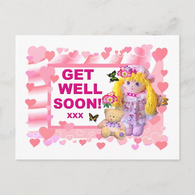 RAG DOLL & TEDDY get well Postcard (Front)