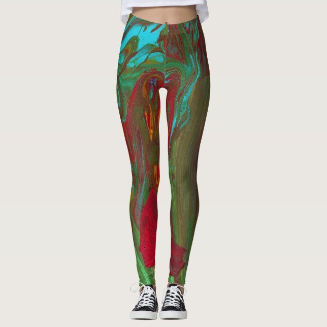 Rag To Riches 1 Bold Red Green Abstract Leggings (Front)