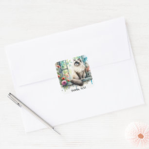 Ragdoll Beige Cute Cat in Window Summer Flowers Square Sticker