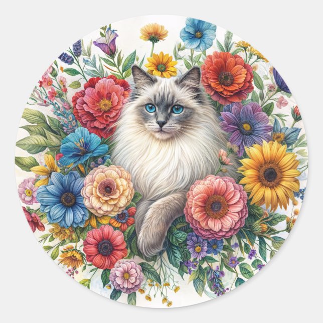 Ragdoll Cat Among Colourful Flowers Watercolor Classic Round Sticker (Front)