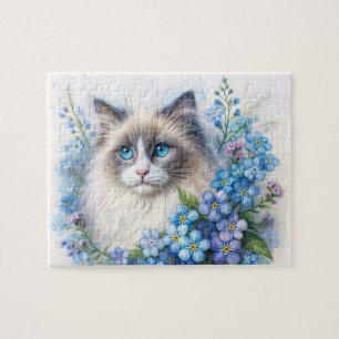 Ragdoll Cat Among Forget-Me-Not Flowers Jigsaw Puzzle