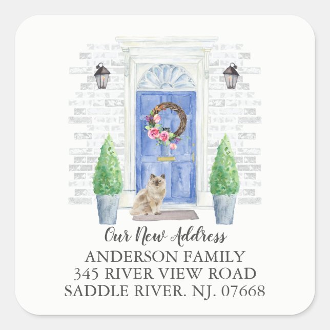 Ragdoll Cat Blue Door New Address Label Sticker (Front)