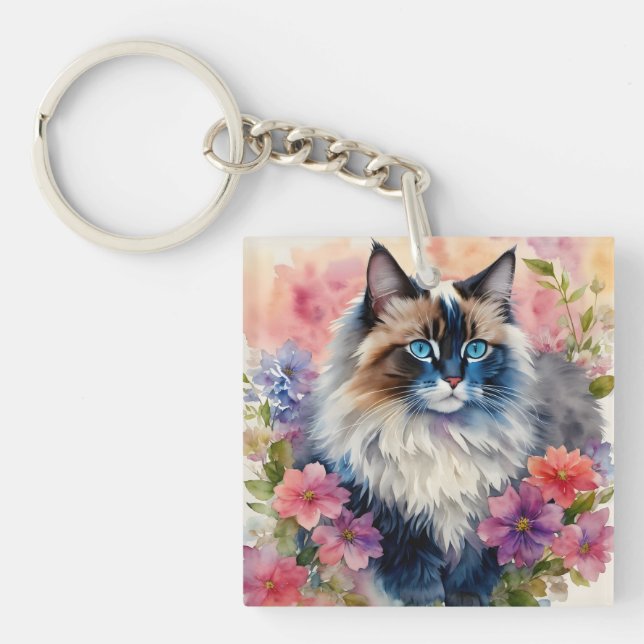 Ragdoll Cat Floral Art Key Ring (Front)