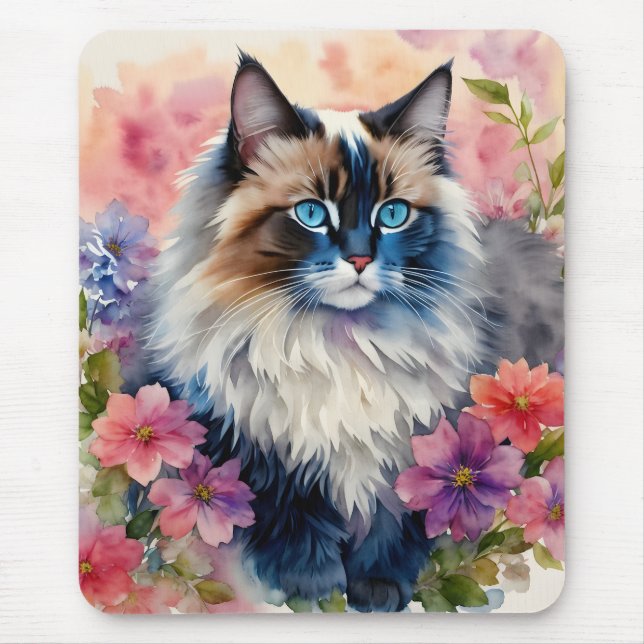 Ragdoll Cat Floral Art Mouse Mat (Front)