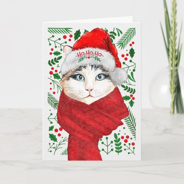 Ragdoll Cat in a Santa Hat Meowy Christmas Holiday Card (Front)