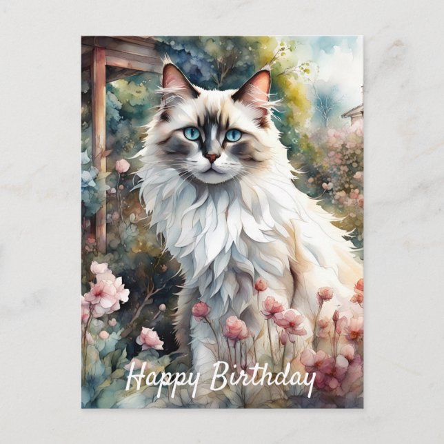 Ragdoll Cat in English Garden Birthday Postcard (Front)