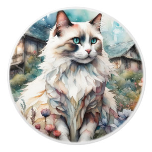 Ragdoll Cat in English Garden Ceramic Knob