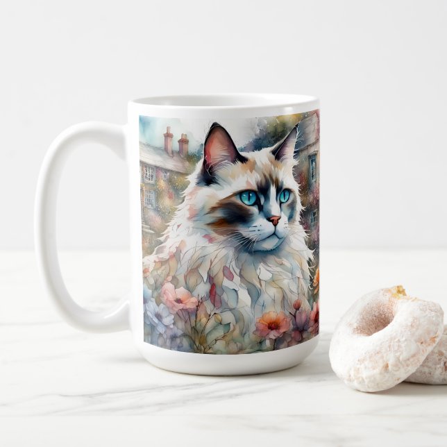 Ragdoll Cat in English Garden Coffee Mug (With Donut)