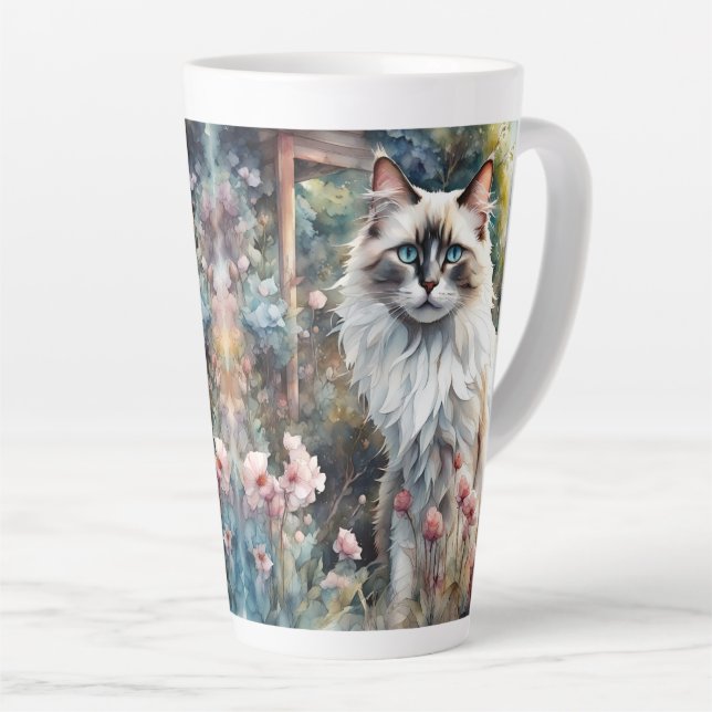 Ragdoll Cat in English Garden Latte Mug (Right Angle)