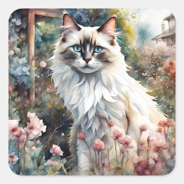 Ragdoll Cat in English Garden Square Sticker (Front)