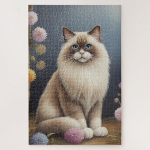 Ragdoll Cat in Garden Fluffy Pet Illustration Jigsaw Puzzle
