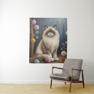 Ragdoll Cat in Garden Fluffy Pet Illustration Tapestry