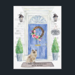 Ragdoll Cat Moving Announcement Postcard<br><div class="desc">Announce your new address with our stylish announcement featuring a Ragdoll cat,  blue front door,  welcome mat,  slate sign,  topiaries and a floral wreath set on a grey brick background.</div>
