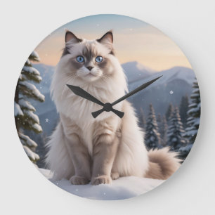 Ragdoll Cat on Snowy Mountain with Serene Winter Large Clock