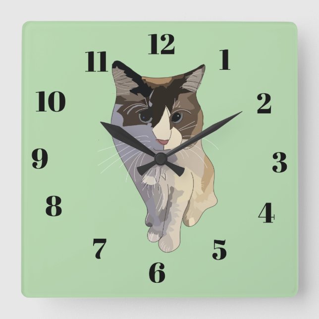 Ragdoll cat, pastel green, stained glass square wall clock (Front)