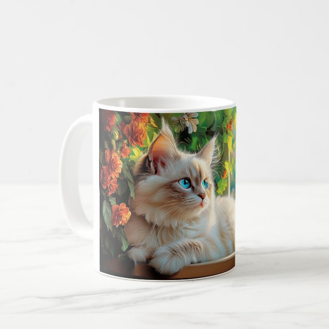 Ragdoll cat portrait with flowers coffee mug (Front Left)