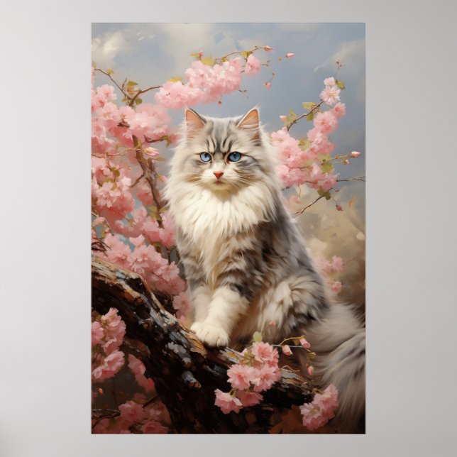 Ragdoll cat portrait with flowers poster (Front)