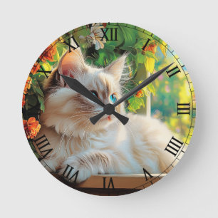 Ragdoll cat portrait with flowers round clock