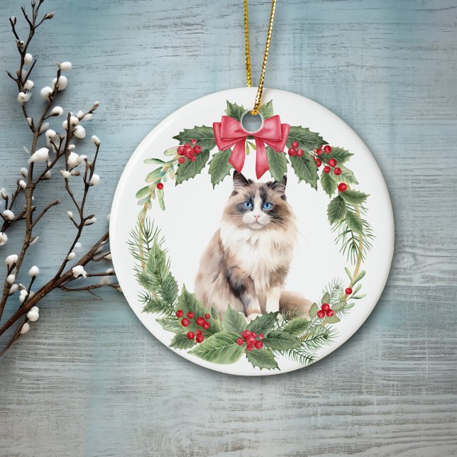 Ragdoll Cat Red Bow Holly Wreath Ceramic Tree Decoration (Creator Uploaded)