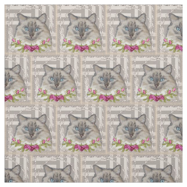 Ragdoll Cat Roses Fabric (Swatch)