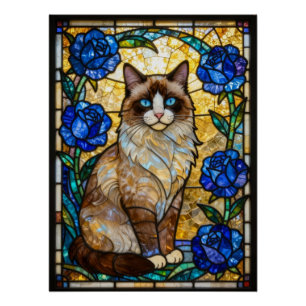Ragdoll Cat Stained Glass Blue Roses Art Print