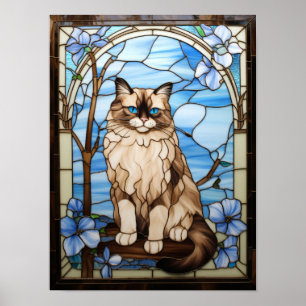 Ragdoll Cat Stained Glass Window with Blue Flowers Poster