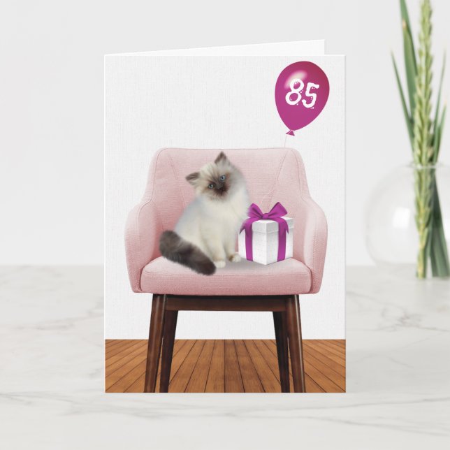 Ragdoll Cat With 85th Birthday Balloon  Card (Front)