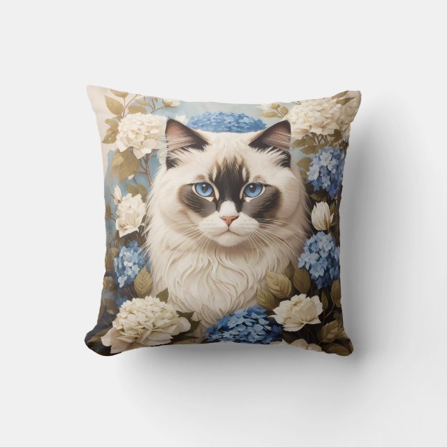 Ragdoll Cat With Blue Hydrangea Flowers Cushion (Front)