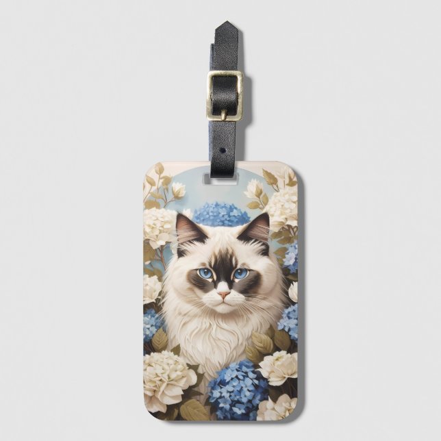 Ragdoll Cat With Blue Hydrangea Flowers Luggage Tag (Front Vertical)
