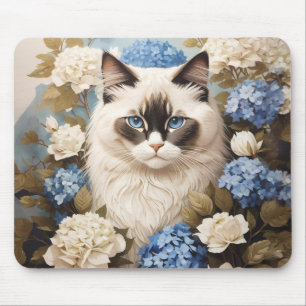 Ragdoll Cat With Blue Hydrangea Flowers Mouse Mat