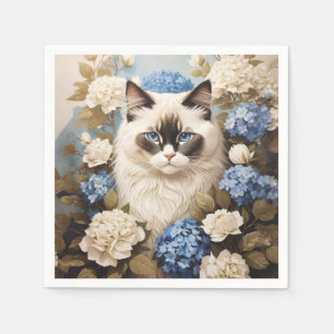 Ragdoll Cat With Blue Hydrangea Flowers Napkin