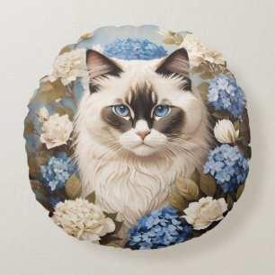 Ragdoll Cat With Blue Hydrangea Flowers Round Cushion