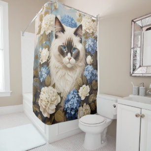 Ragdoll Cat With Blue Hydrangea Flowers Shower Curtain