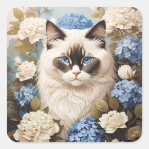 Ragdoll Cat With Blue Hydrangea Flowers Square Sticker