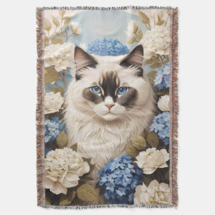 Ragdoll Cat With Blue Hydrangea Flowers Throw Blanket