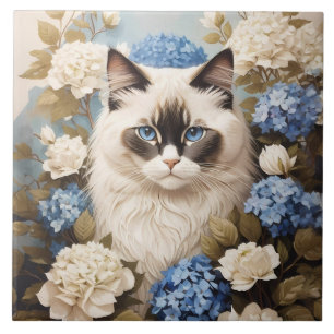 Ragdoll Cat With Blue Hydrangea Flowers Tile