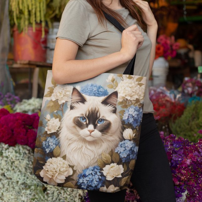Ragdoll Cat With Blue Hydrangea Flowers Tote Bag (Creator Uploaded)