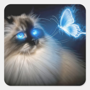 Ragdoll Cat With Blue Neon Butterfly Square Sticker