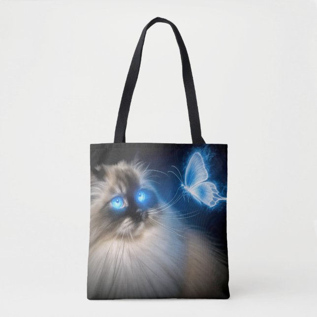 Ragdoll Cat With Blue Neon Butterfly Tote Bag (Front)