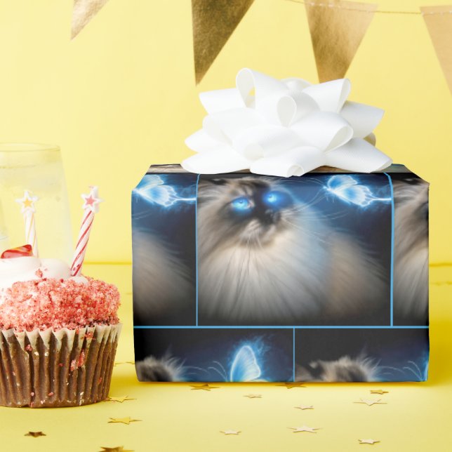 Ragdoll Cat With Blue Neon Butterfly Wrapping Paper (Birthday Party)