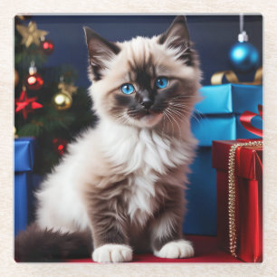 Ragdoll Kitten Christmas Present Glass Coaster