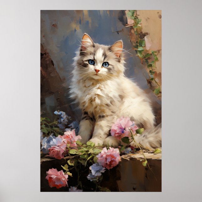 Ragdoll kitten portrait with flowers poster (Front)