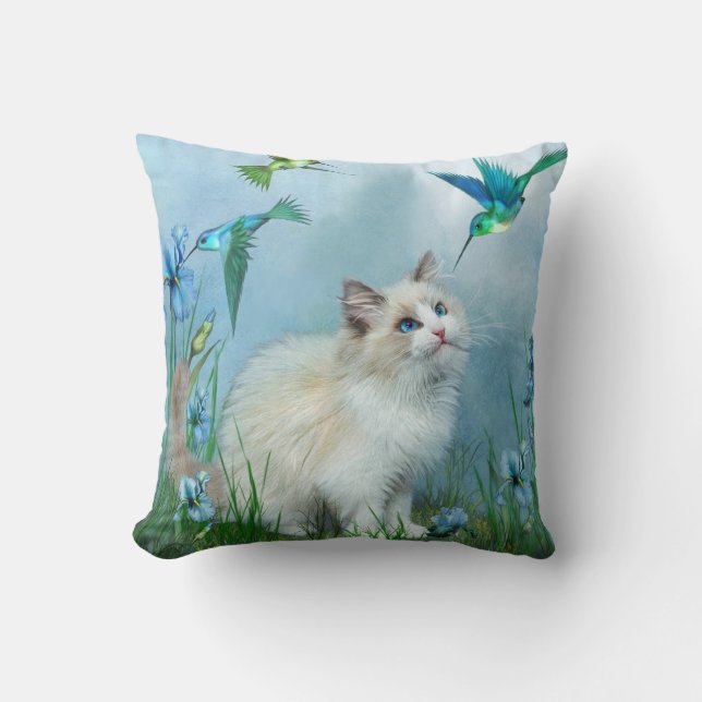 Ragdoll Kitty And Hummingbirds Art Designer Pillow (Front)