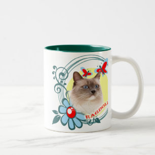 Ragdoll with Red Butterflies Two-Tone Coffee Mug